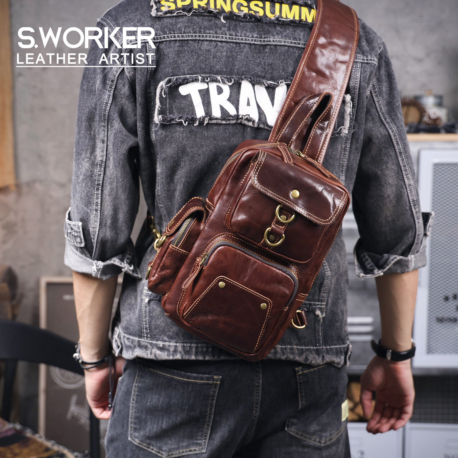 新款植鞣皮男士胸包原创设计头层牛皮单肩斜挎机车包百搭欧美风,箱包皮具/热销女包/男包,胸包,淘宝优惠券,粉丝福利购,淘宝优惠卷