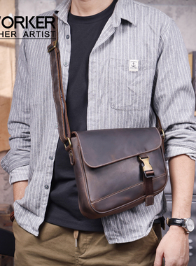 S.worker真皮男士斜挎包复古个性头层牛皮疯马皮单肩包休闲邮差包