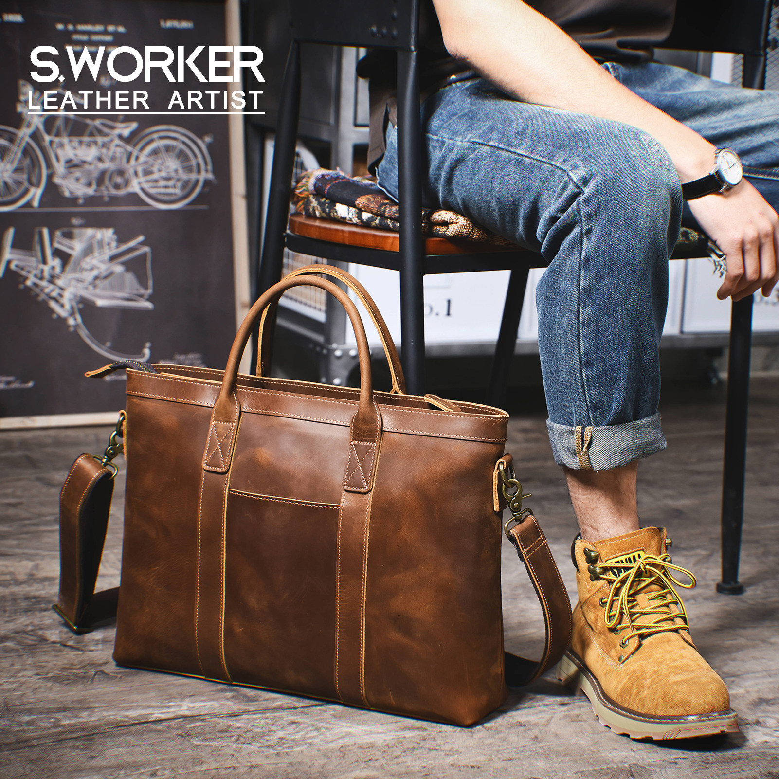 新款疯马皮手提包男士公文包商务单肩斜挎复古真皮电脑包头层牛皮