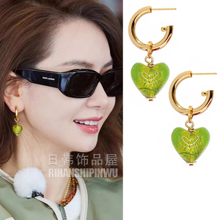 戚薇同款耳环绿色爱心耳钉耳圈糖果色耳坠耳饰气质小众甜美可爱潮