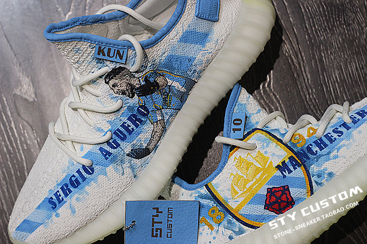 STY手绘 Adidas Yeezy 350V2纯白椰子 休闲透气跑鞋 阿圭罗 曼城
