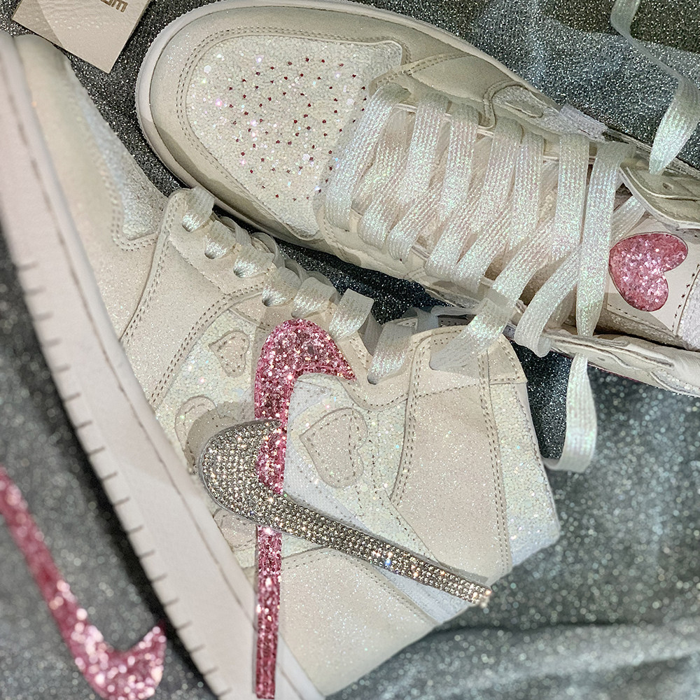 STY定制 air jordan 1 AJ1白粉亮片光感变色水钻运动鞋情人节限定
