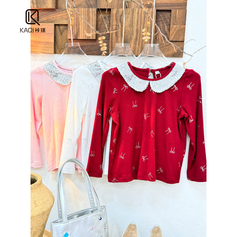 【Lpink原创】女童秋冬季新款亮片小圆领 烫金蝴蝶结 打底衫91276