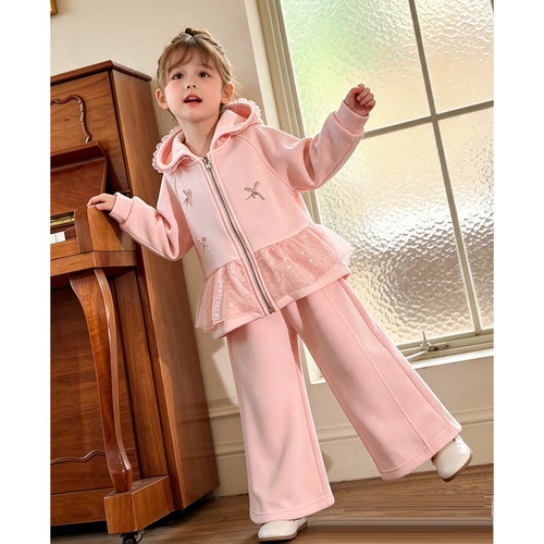刺绣蕾丝蝴蝶结连帽卫衣套装