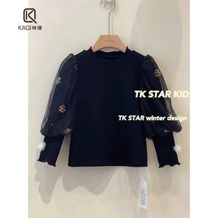 TK原创 雪花加绒加厚打底衫 女童秋冬季 百搭圆领泡泡袖 8040 新款