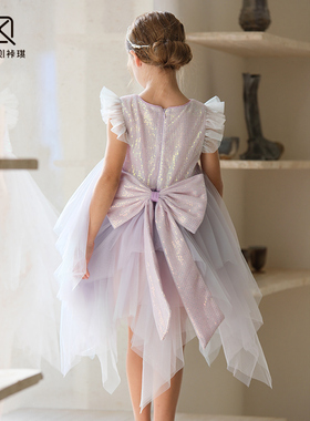 Lpink女童连衣裙原创春夏季新款女宝蝴蝶结网纱不规则公主裙88301