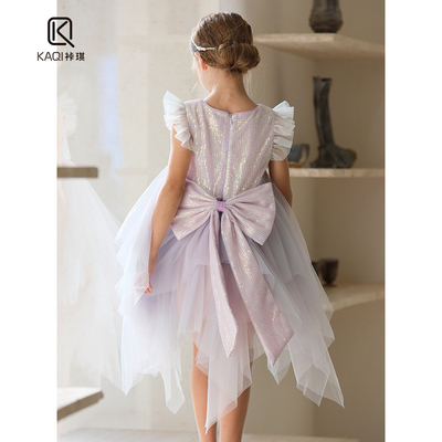 新款女宝蝴蝶结网纱不规则公主裙