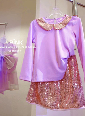 【Lpink童装】女童春秋季宝宝亮片长袖圆领打底衫91706紫（套装）