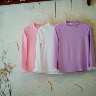 新款女大童百搭珍珠袖花边打底衫