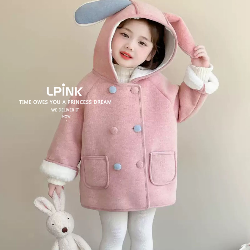 秋冬季新款女童拼色兔耳朵外套
