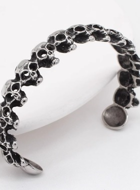 时尚钛钢手镯 欧美做旧立体红钻眼睛骷髅头开口手镯 男女钛钢手镯