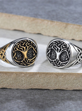 时尚钛钢男款戒指朋克欧美复古维京生命树戒指男士钛钢戒指指环