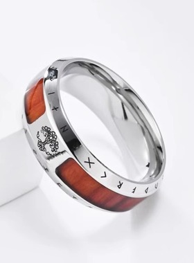 时尚钛钢戒指复古做旧维京文字戒指 欧美时尚生命树钛钢戒指指环