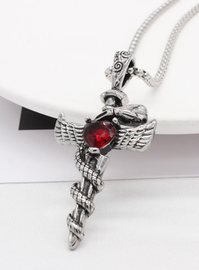 时尚钛钢项链  欧美复古个性翅膀十字架红心钛钢吊坠潮男钛钢项链