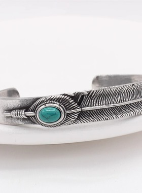 时尚钛钢手镯 欧美做旧椭圆松石立体羽毛开口手镯 男女钛钢手镯