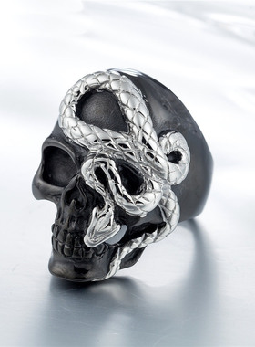时尚钛钢男款戒指 欧美朋克黑色系蛇骷髅头钛钢戒指潮男指环