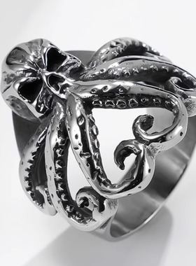时尚钛钢戒指 欧美复古骷髅做旧章鱼戒指朋克潮男钛钢戒指指环