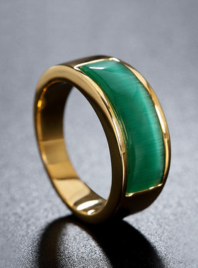 欧美风复古翡翠绿男士钛钢戒指