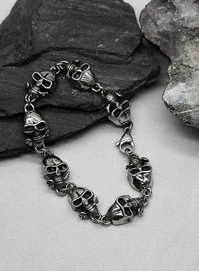 时尚钛钢手链 欧美复古 玫瑰花骷髅头鬼头花朵骷髅头朋克钛钢手链