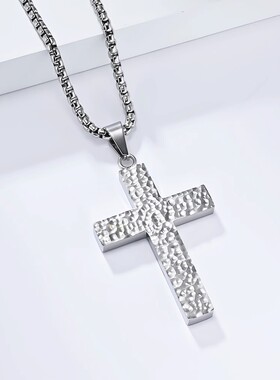 时尚钛钢项链满面不规则手工捶纹钛钢十字架项链简约男女钛钢项链