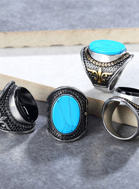 时尚钛钢男款戒指欧美复古花纹蓝松石朋克舞台男士钛钢戒指指环