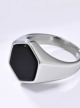 时尚钛钢戒指 欧美简约冷淡风几何六边形印章黑石钛钢戒指指环