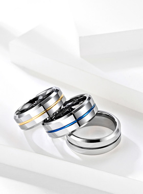 时尚男式戒指 8mm间蓝钨钢戒指 简约蓝带钨金防剐蹭钨金指环戒指