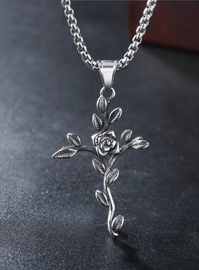 时尚钛钢项链 复古玫瑰花十字架哥特吊坠男款钛钢项链