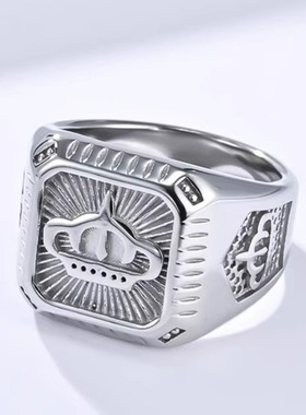 时尚钛钢戒指 欧美复古皇冠钛钢戒指 方形印章皇冠钛钢戒指指环