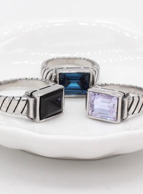 时尚钛钢男女戒指 欧美个性复古斜条纹简约长方宝石钛钢戒指指环