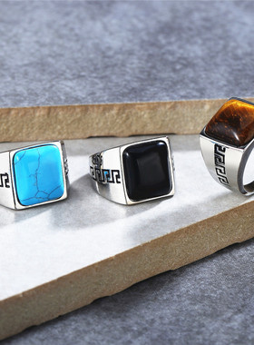 时尚钛钢男款戒指欧美风复古时尚复古长城纹方形宝石戒指潮男指环