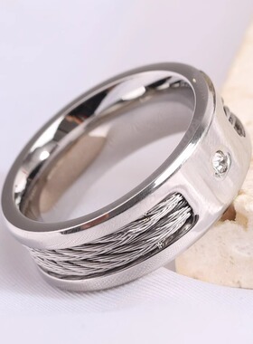 时尚钛钢戒指 新款8MM镶钻电缆线钢丝线光面钛钢戒指指