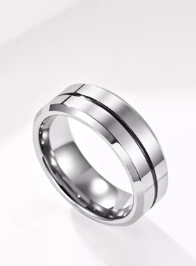 时尚男式戒指 8mm间蓝钨钢戒指 简约蓝带钨金防剐蹭钨金指环戒指