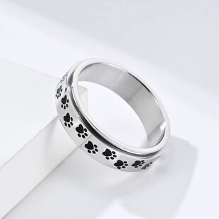 时尚钛钢戒指 可旋转甜酷可爱小狗掌印戒指缓解焦虑解压钛钢戒指