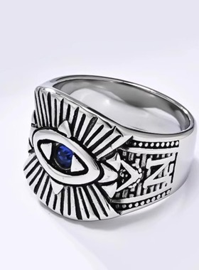 时尚钛钢戒指 镶嵌蓝色钻智慧之眼钛钢戒指 眼睛图案钛钢戒指指环