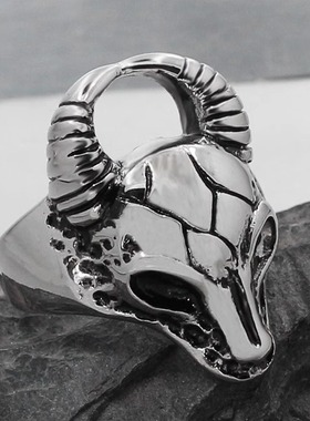 时尚钛钢男款戒指  欧美羊头羊角朋克风骷髅头钛钢戒指指环