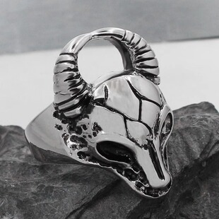 时尚钛钢男款戒指  欧美羊头羊角朋克风骷髅头钛钢戒指指环