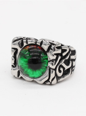 时尚钛钢男式戒指  欧美个性恶魔之眼复古绿色眼睛钛钢戒指指环