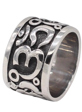时尚钛钢男款戒指 宽版六字真言符文戒指 字符图腾钛钢戒指指环