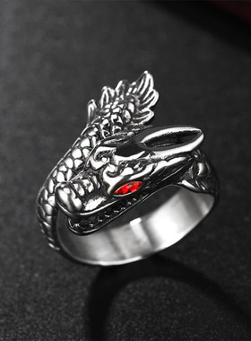 时尚钛钢男款戒指 个性复古国风龙形红眼睛镶嵌钛钢戒指指环