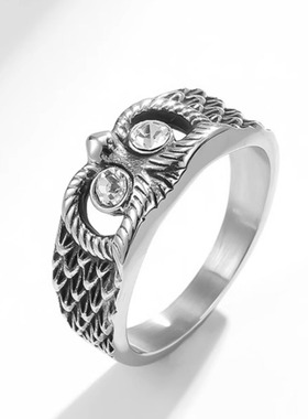 时尚钛钢戒指 镶钻猫头鹰戒指 复古做旧动物钛钢戒指指环