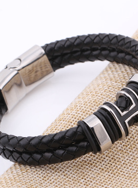 时尚风钛钢黑色编织复古皮手镯