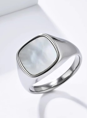 时尚钛钢戒指 欧美方形印章镶贝壳钛钢戒指指环 时尚潮人食指戒指