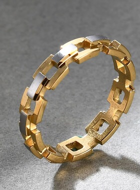 时尚钛钢戒指 欧美简约RapHap嘻哈十字镂空交叉间金钛钢戒指指环