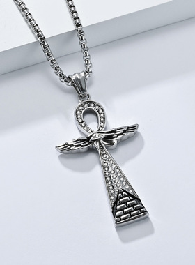 时尚钛钢项链欧美文艺复古埃及安卡镶钻十字架钛钢项链十字架项链