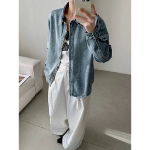早春亮闪闪烫钻牛仔外套浅蓝衬衫气质翻领百搭衬衫做旧系扣开衫女