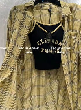 ADD姜黄色夏季韩系格子宽松长袖衬衫+字母印花吊带背心两件套上衣