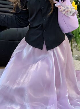 现货韩国官网超仙流光紫色高腰垂感半身裙女长款云朵高品质纱裙子