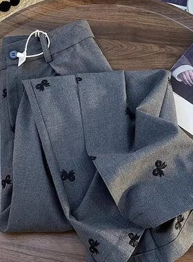 高级灰色手工刺绣立体蝴蝶结休闲裤女洋气减龄西装裤显瘦百搭直筒