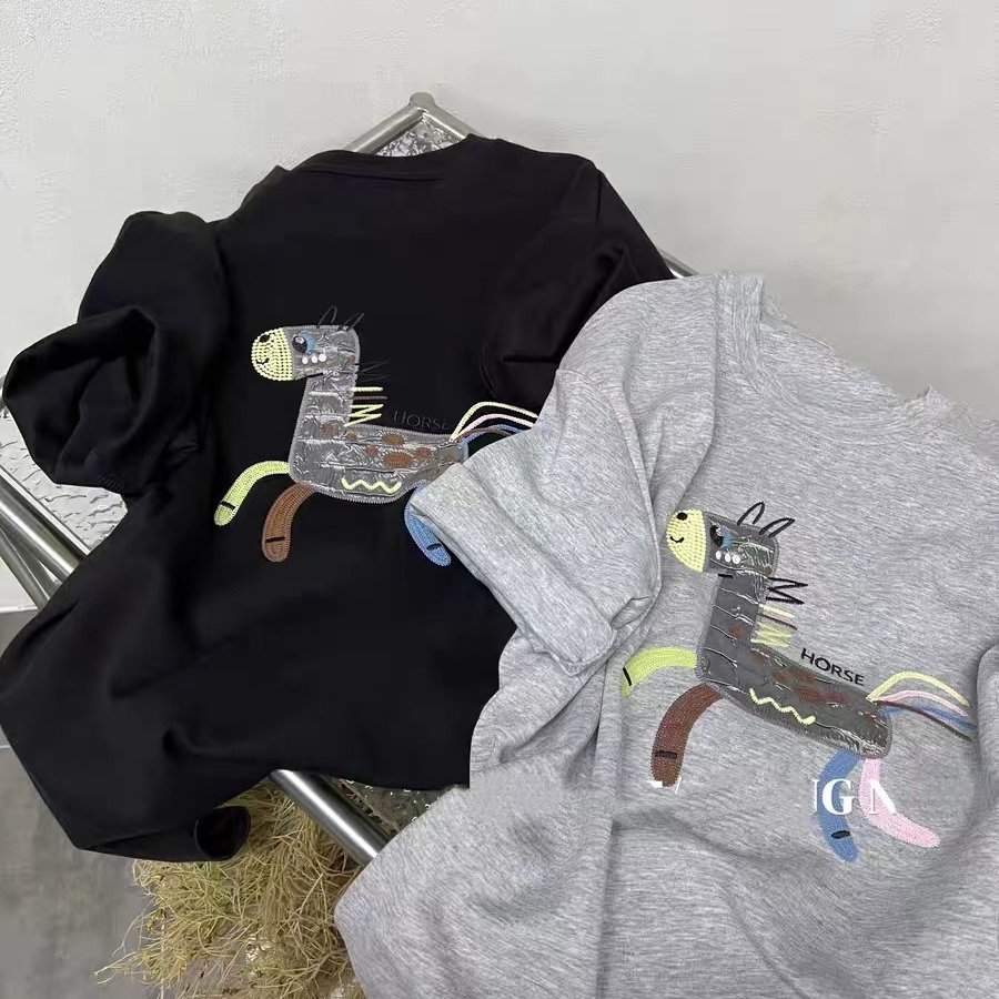 欧洲站新欧货彩虹小马重工宽松时尚休闲百搭黑色印花短袖大版t恤